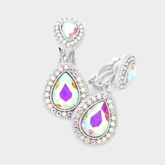 Clip on 1 3/4" silver double teardrop fluorescent stone earrings - Picture 3 of 4